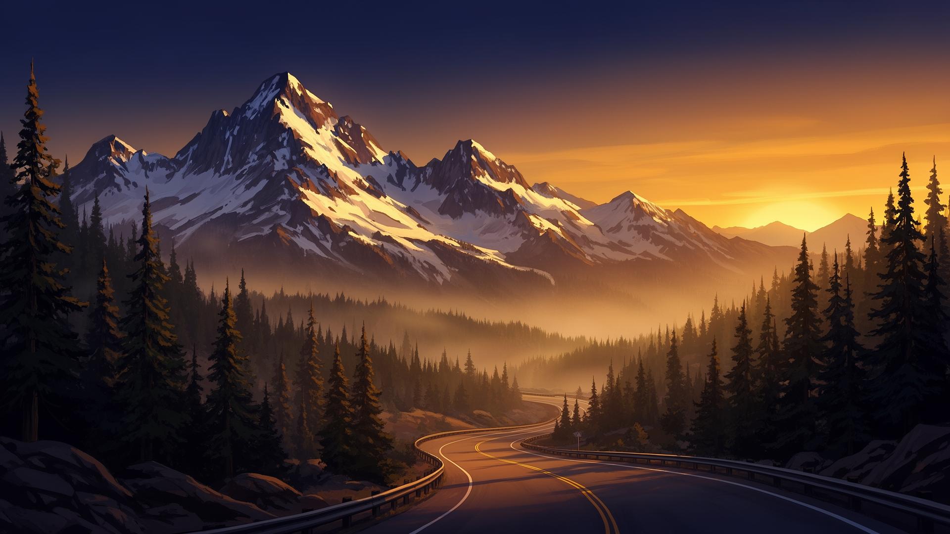 Snow-capped mountains and winding road at sunset over Green Valley Lake